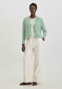 Lichtgroene gebreide cardigan met een v-hals, gedragen over een crèmekleurig shirt met korte mouwen, gecombineerd met brede witte broek en bruine sandalen.