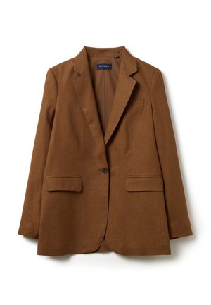 Brown linen blazer featuring a notched collar, single button closure, and two front pockets. Smooth texture and tailored fit.