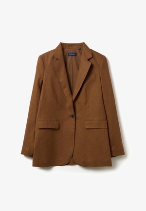 Brown linen blazer featuring a notched collar, single button closure, and two front pockets. Smooth texture and tailored fit.