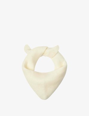 Soft cream-colored triangular baby bib with a simple knot closure on a white background.