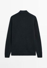 Dark navy sweater, ribbed texture, collared design, long sleeves, and a straight hem. Smooth fabric with no visible patterns or accents.