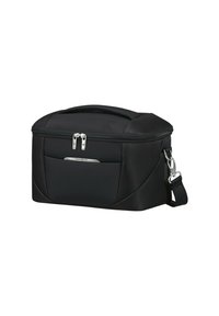 Trousse de toilette rectangulaire souple noire Samsonite avec double zip, poche avant, poignée supérieure et bandoulière amovible.