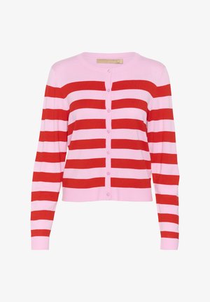 Červený a růžový pruhovaný kardigan s kulatým výstřihem, předními knoflíky a dlouhými rukávy. Vyroben z měkké pleteniny.