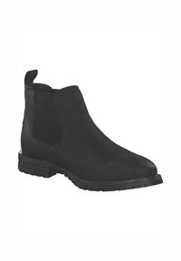 Botas negras hasta el tobillo con parte superior de cuero suave, paneles laterales elásticos y suela de goma texturizada. Incluye una lengüeta para facilitar el calzado.