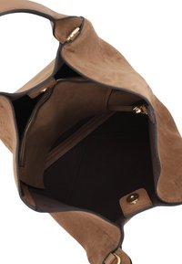 Brown suede tote bag with an open top, dark lining, interior zip pocket, and gold-tone hardware accents. Soft texture and spacious design.