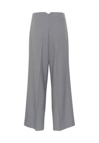 Grijze wijde broek van gestructureerde stof, met een hoge taille en geplooid ontwerp. De achterkant heeft een subtiele V-vormige uitsnijding.