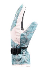 Gant de winter bicolore avec un tissu à motif teal et des lignes blanches, accentué de rose. Comprend une sangle de poignet noire ajustable.