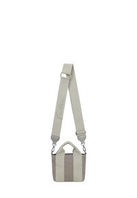 Piccola borsa a tracolla in tessuto grigio chiaro con strisce grigio scuro. Presenta un manico corto, una tracolla regolabile e accessori in metallo.