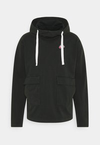 Hooded pullover in dark green cotton blend. Features white drawstrings, two front pockets, and a small logo in red and white.