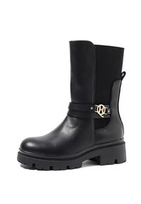 Stivaletto nero con pelle liscia, pannelli laterali elastici, suola spessa e una fascia decorativa con dettaglio in oro.