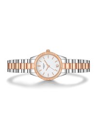 Zweifarbige Armbanduhr mit einem Armband aus Edelstahl und Roségold. Zifferblatt in Weiß mit dünnen Stundenmarkierungen und einer strukturierten Lünette aus Roségold.