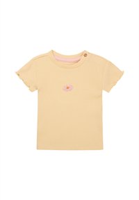 Yellow ribbed short-sleeve t-shirt with a round neck, featuring a pink embroidered flower detail on the front and a snap button closure at the shoulder.