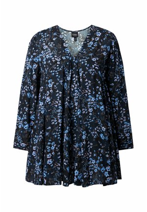 Musta kangasmekko, jossa V-pääntie, pitkät hihat ja siniset sekä vaaleanpunaiset kukkakuvioinnit. Liehuva malli, jossa on laskosyksityiskohtia yläosassa.