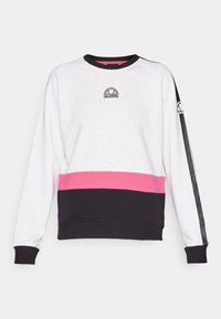 Sudadera de cuello redondo de algodón, con un cuerpo gris, banda central rosa y parte inferior negra. Detalles en negro en las mangas, con logo.