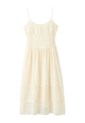 Kremowa sukienka bez rękawów z cienkimi ramiączkami, dopasowanym haftowanym gorsetem i zwiewną spódnicą z subtelnymi teksturowanymi wzorami.