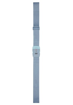 Light blue adjustable luggage strap with combination lock and American Tourister branding on the strap.
