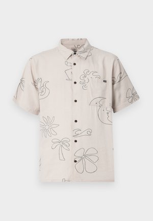 Short-sleeve beige shirt featuring black line-drawn patterns of flowers, palm trees, and waves, with a button-up front and chest pocket.