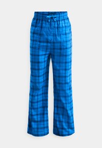 Blauwe geruite pyjamabroek van zacht materiaal, met een elastische tailleband en een trekkoord, twee zijzakken en een losse pasvorm.
