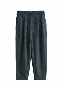 Dark plaid trousers with a loose fit, featuring a high waist and pleated front. The fabric has a soft texture with subtle pattern variations.