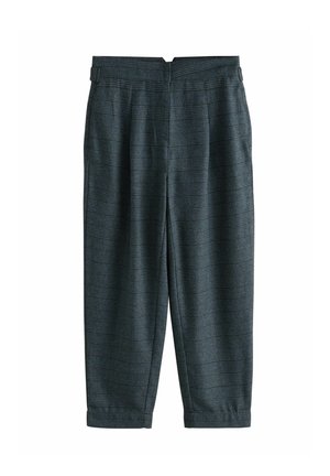 Dunkelkarierte Hose mit lockerem Schnitt, hoher Taille und gefaltetem Vorderteil. Der Stoff hat eine weiche Textur mit subtilen Musterabweichungen.