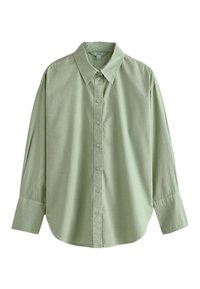 Chemise à manches longues verte clair à boutons. Présente un col pointu, une fermeture à boutons sur le devant et une texture de tissu douce et lisse.