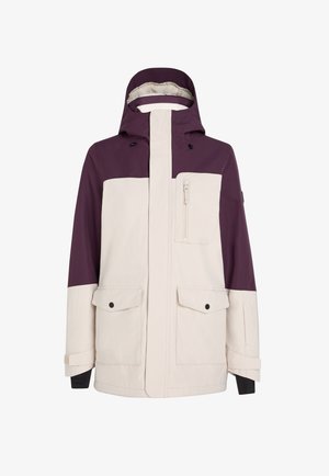 Farbblockierte Jacke mit einem cremefarbenen Körper und tief lila Schultern, einer Reißverschluss-Brusttasche, zwei Fronttaschen und verstellbaren Bündchen.