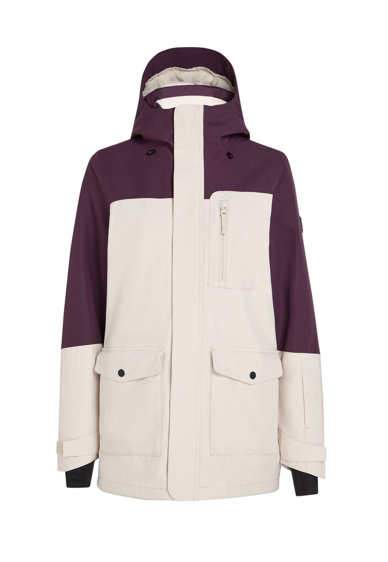 Farbblockierte Jacke mit einem cremefarbenen Körper und tief lila Schultern, einer Reißverschluss-Brusttasche, zwei Fronttaschen und verstellbaren Bündchen.