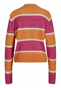 Sweter o kroju cropped z mieszanki wełny w paski w kolorach pomarańczowym, różowym i kremowym, z okrągłym dekoltem oraz ściągaczami na mankietach i u dołu dla dodatkowej tekstury.