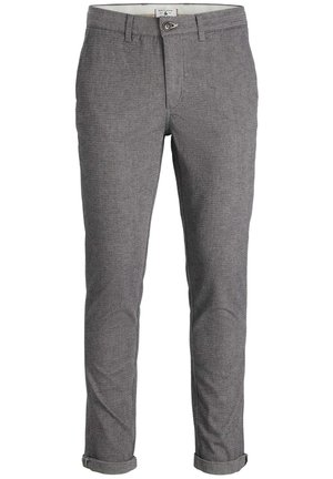 Pantaloni in cotone grigi con tessuto testurizzato, vestibilità slim, orli arrotolati e chiusura con bottone. Presentano un design classico con tasche laterali.