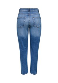 Niebieskie dżinsy z wysokim stanem o prostych nogawkach, widoczne tylne kieszenie z przeszyciami, szlufki na pasek oraz klasyczna tekstura denimu na białym tle.