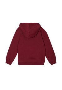 Sweatshirt à capuche bordeaux avec une texture douce, des manches longues et des poignets côtelés. Design simple sans motifs supplémentaires ni quincaillerie.