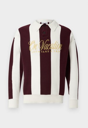 Pullover sweater with maroon and white vertical stripes. Features a ribbed collar, cuffs, three-button placket, and gold text: "On Vacation, LET'S TAKE A TRIP."