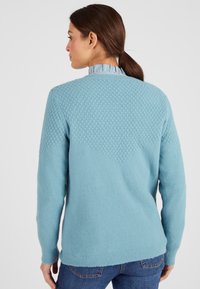 Maglione azzurro chiaro con motivo a maglia testurizzato nella parte superiore della schiena, polsini e orlo a costine, indossato sopra una camicia a righe blu e bianche.