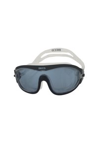 Beco zwemgoggles met een zwart frame en donkere getinte lenzen, voorzien van een flexibele witte band en zij-instelclips.