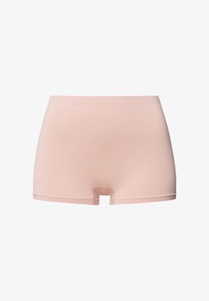 Ljust rosa boyshorts tillverkade av slätt, stretchigt tyg med midjehöjd och en liten framöppning, med sömlösa kanter.