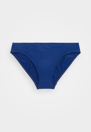 Marineblå bikinitruse med en glatt tekstur, som har en klassisk snitt og elastisk midjebånd. Ingen synlige mønstre eller detaljer i metalldeler.