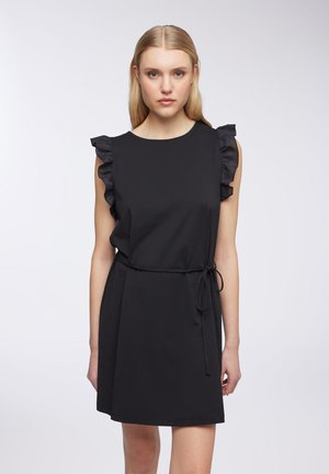 Abito nero senza maniche con spalle arricciate, scollatura rotonda e dettaglio in vita legato. Tessuto liscio con una vestibilità comoda.