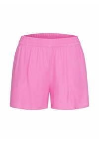 Rosa lässige Shorts mit elastischem Bund und lockerer Passform, aus leichtem Stoff, auf einem weißen Hintergrund gezeigt.