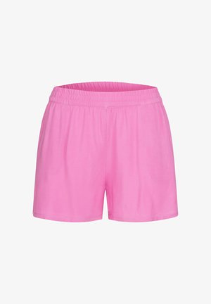 Shorts casual rosa con vita elastica e vestibilità ampia, realizzati in tessuto leggero, mostrati su uno sfondo bianco.