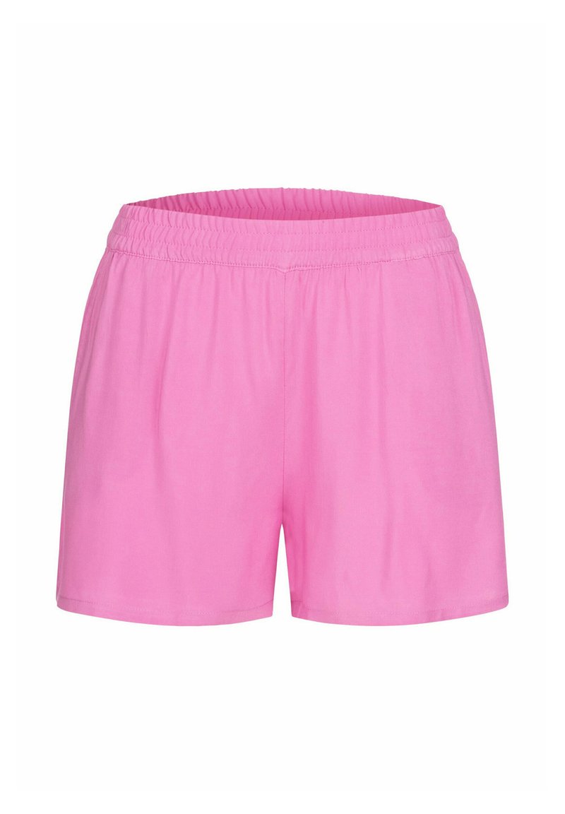 Rosa lässige Shorts mit elastischem Bund und lockerer Passform, aus leichtem Stoff, auf einem weißen Hintergrund gezeigt.