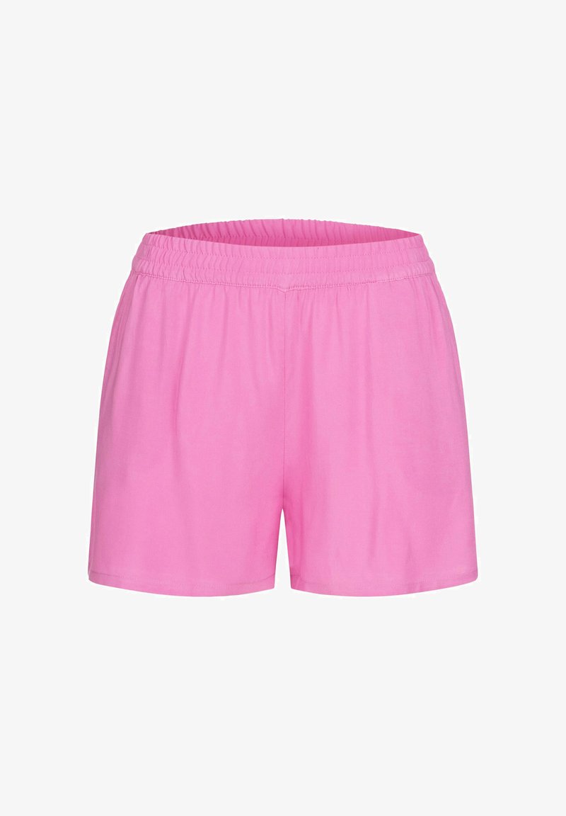 Ružové voľné kraťasy s elastickým pásom, vyrobené z ľahkého materiálu, zobrazené na bielom pozadí.