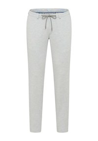 Light gray sweatpants with a drawstring waist, tapered fit, and a soft texture. Features a plaid interior waistband.