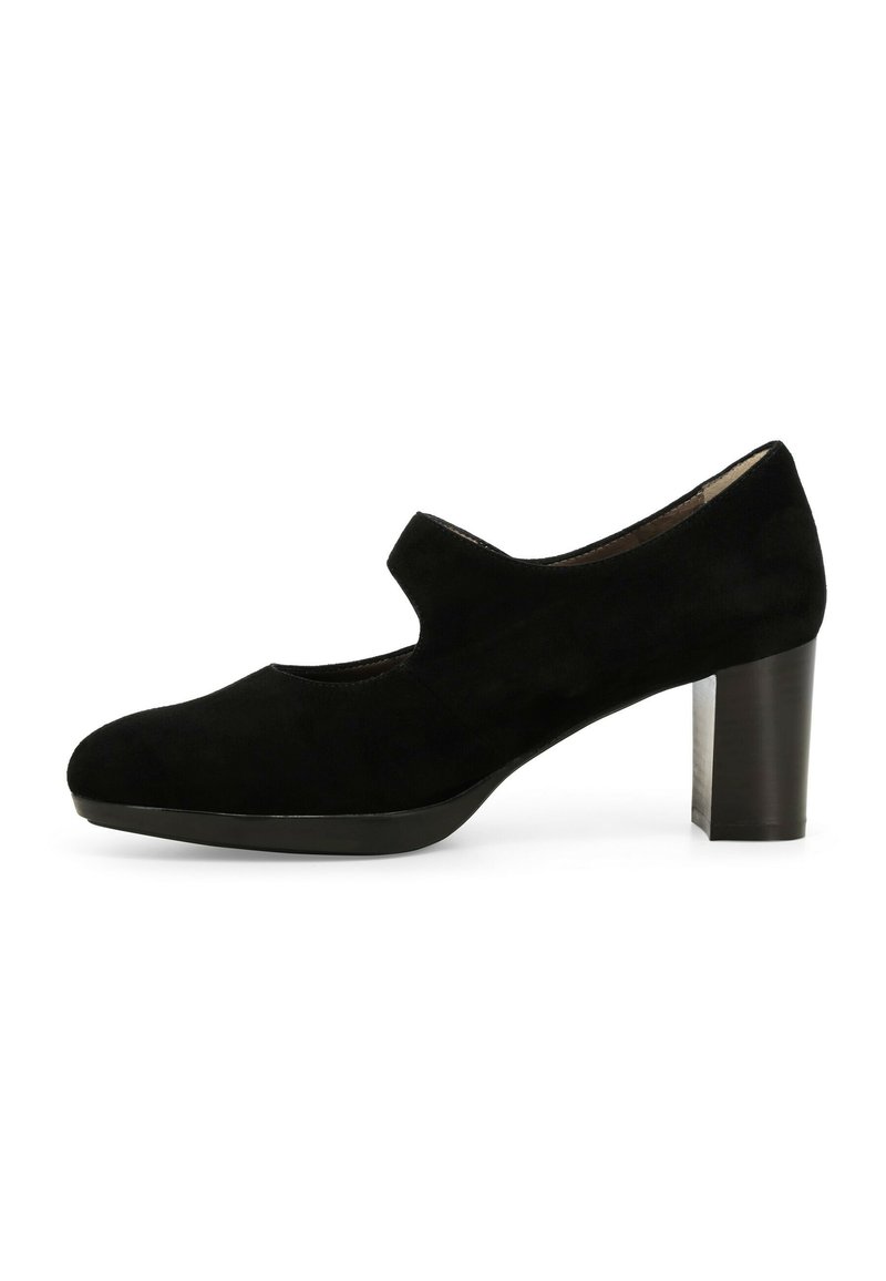 Scarpa nera in suede con tacco alto, design con ritagli, punta arrotondata e tacco a blocco solido. Texture liscia e dettagli di design minimalisti.