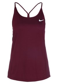 Débardeur de sport féminin sans manches rouge foncé avec fines bretelles croisées et logo Nike Swoosh blanc sur la poitrine.