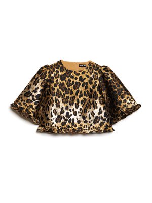 Top de estampado de leopardo con patrón metálico en dorado y negro. Mangas cortas abullonadas, cuello redondo y cierre de cremallera en la parte posterior.