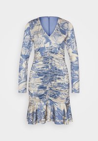 Robe longue à manches longues bleue et crème avec un décolleté en V, un devant froncé, une fermeture éclair au dos et un ourlet volanté.