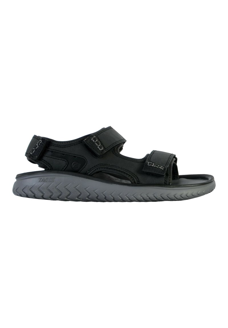 Sandales ouvertes noires avec des brides Velcro, tige synthétique texturée et semelle épaisse en caoutchouc gris avec un motif de semelle zigzag.
