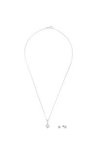 Silver necklace with a square pendant, featuring a clear gemstone. Includes matching stud earrings with a similar design.