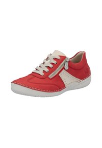 Rode leren sneaker met beige accenten, voorzien van een zijrits, vetersluiting aan de voorkant en een witte rubberen zool. Gevoerde stiksels voegen textuur toe.