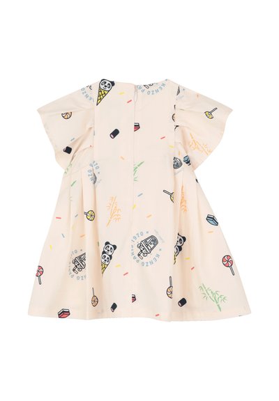 Robe pour enfants de couleur crème avec manches volantes ornée de motifs colorés de pandas, de bonbons et de cornets de crème glacée.